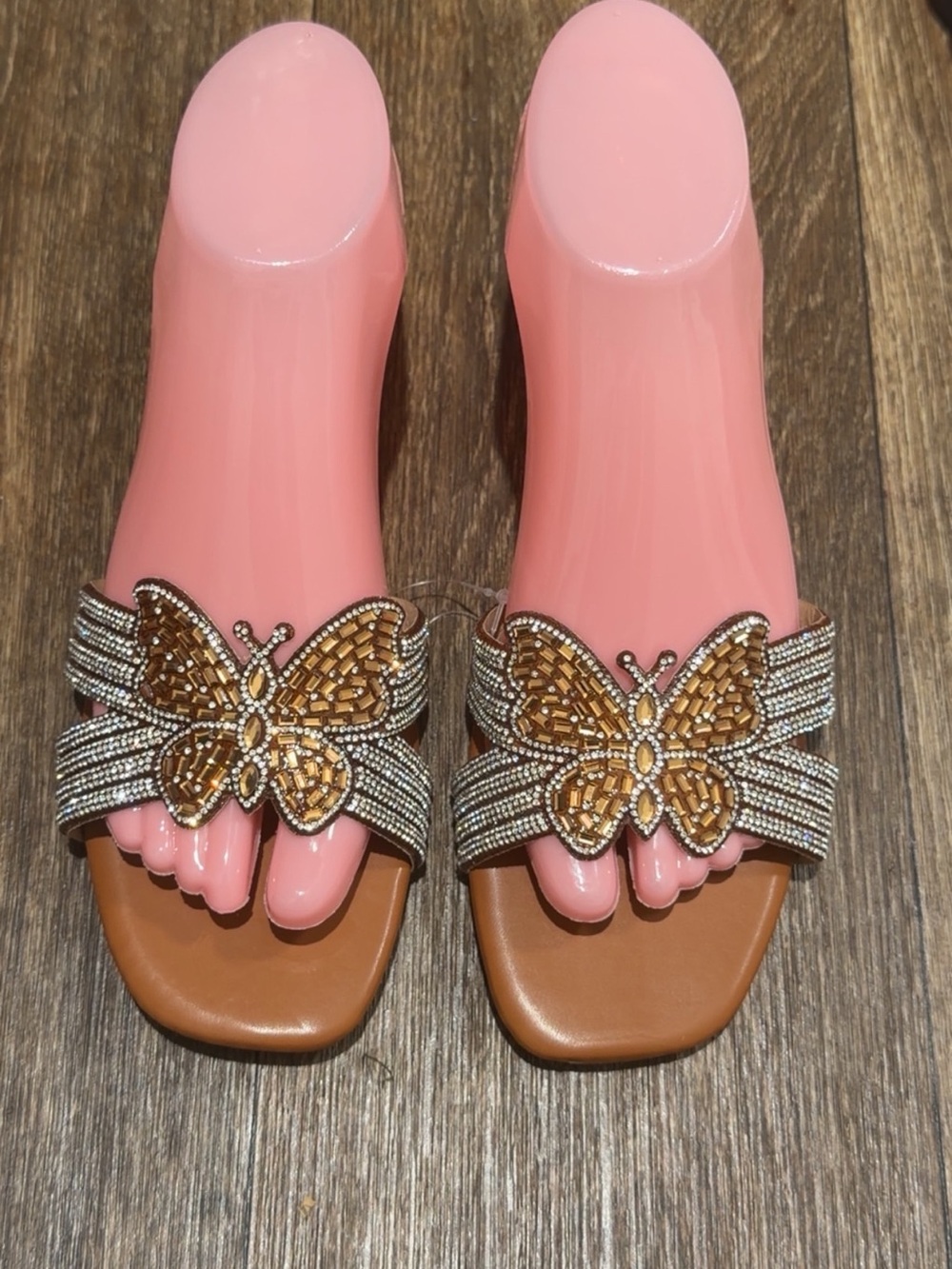 Beaded Butterfly Slide Sandals in Brown and Gold - Women's size 36,37,38,39,40,